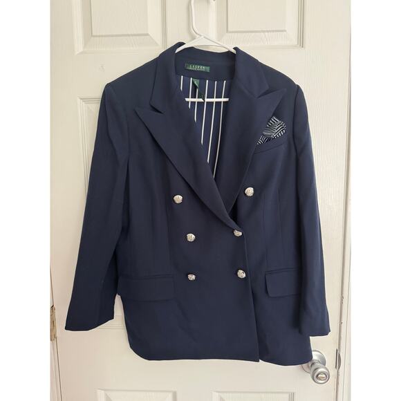 Lauren Ralph Lauren Navy Blue Double Breasted Blazer with Silver Buttons Sz: 16 - Picture 1 of 7